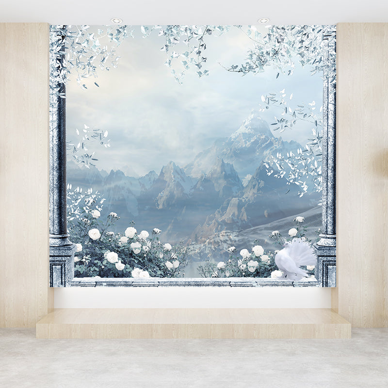 Huge Winter Mountain Mural for Bedroom Botanical Wall Art in White, Stain Resistant Clearhalo 'Wall Decor' 'Wall Mural' 1595591