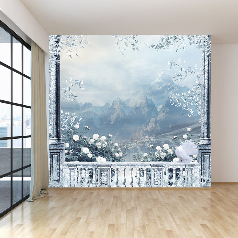 Huge Winter Mountain Mural for Bedroom Botanical Wall Art in White, Stain Resistant Clearhalo 'Wall Decor' 'Wall Mural' 1595592