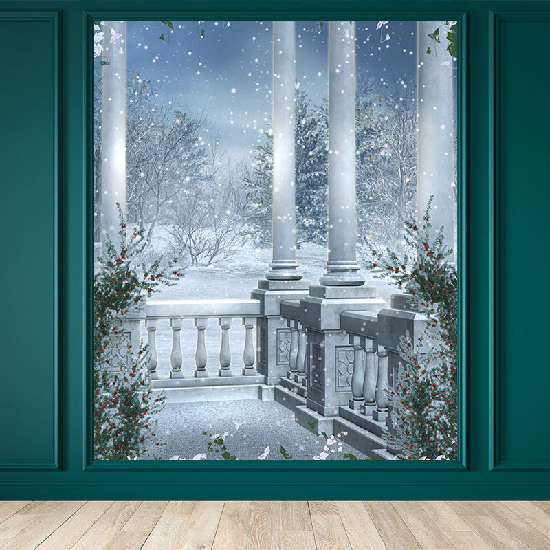 Romantic Balcony Snow View Mural Decal for Living Room, Blue, Custom Size Available Blue Clearhalo 'Wall Decor' 'Wall Mural' 1595610