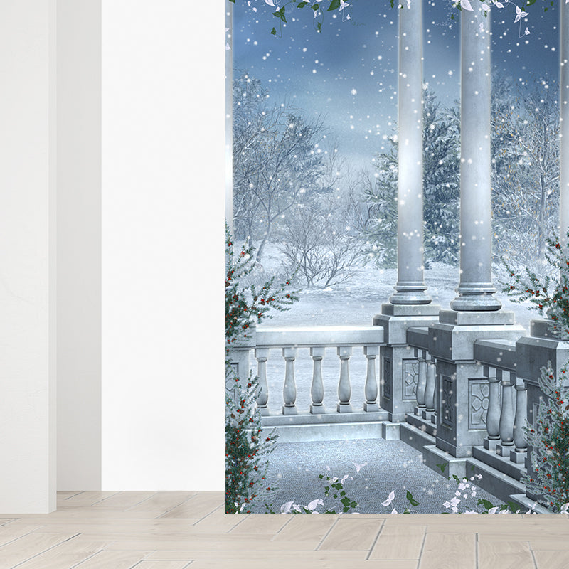 Romantic Balcony Snow View Mural Decal for Living Room, Blue, Custom Size Available Clearhalo 'Wall Decor' 'Wall Mural' 1595611