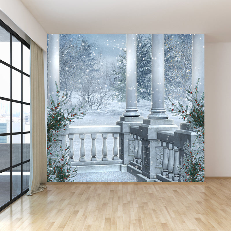 Romantic Balcony Snow View Mural Decal for Living Room, Blue, Custom Size Available Clearhalo 'Wall Decor' 'Wall Mural' 1595612