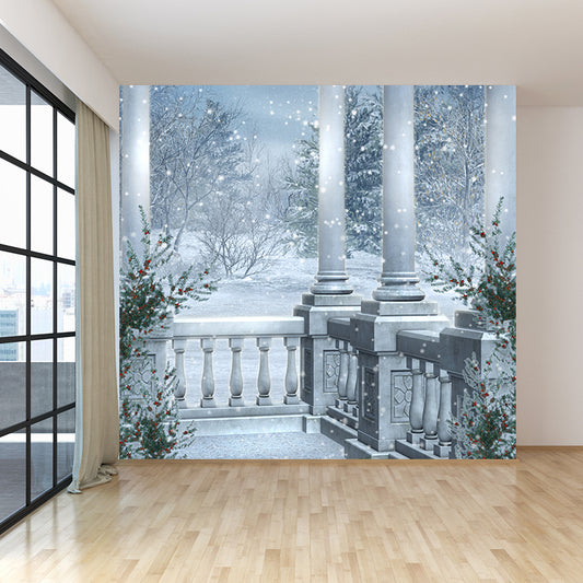 Romantic Balcony Snow View Mural Decal for Living Room, Blue, Custom Size Available Clearhalo 'Wall Decor' 'Wall Mural' 1595612