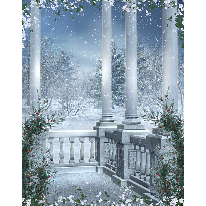 Romantic Balcony Snow View Mural Decal for Living Room, Blue, Custom Size Available Clearhalo 'Wall Decor' 'Wall Mural' 1595613