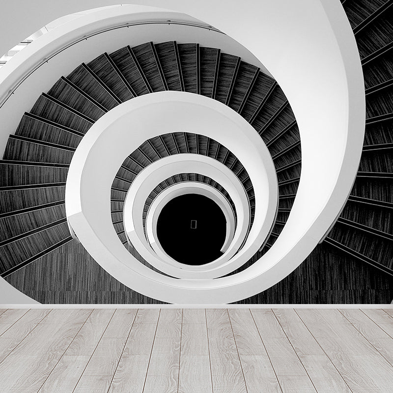 Mesmerizing Swirly Stairs Wall Mural Decal for Living Room, Black and White, Custom Size Black-White Clearhalo 'Wall Decor' 'Wall Mural' 1595640