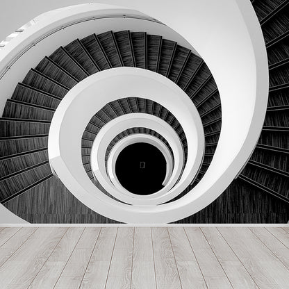 Mesmerizing Swirly Stairs Wall Mural Decal for Living Room, Black and White, Custom Size Black-White Clearhalo 'Wall Decor' 'Wall Mural' 1595640