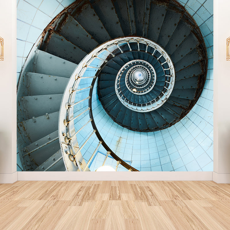 Blue Spiral Stairs Wallpaper Mural Looking-Up View Modern Stain-Proof Wall Art for Bedroom Clearhalo 'Wall Decor' 'Wall Mural' 1595651