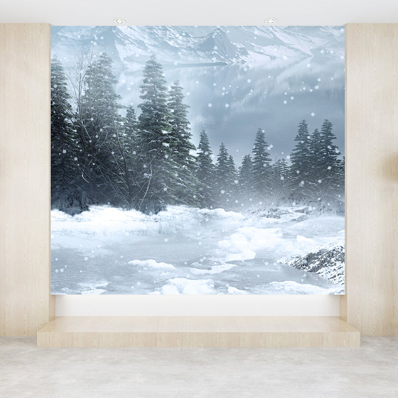 Contemporary Winter Pine Trees Mural White Waterproofing Wall Decor for Boys Room White Clearhalo 'Wall Decor' 'Wall Mural' 1595760
