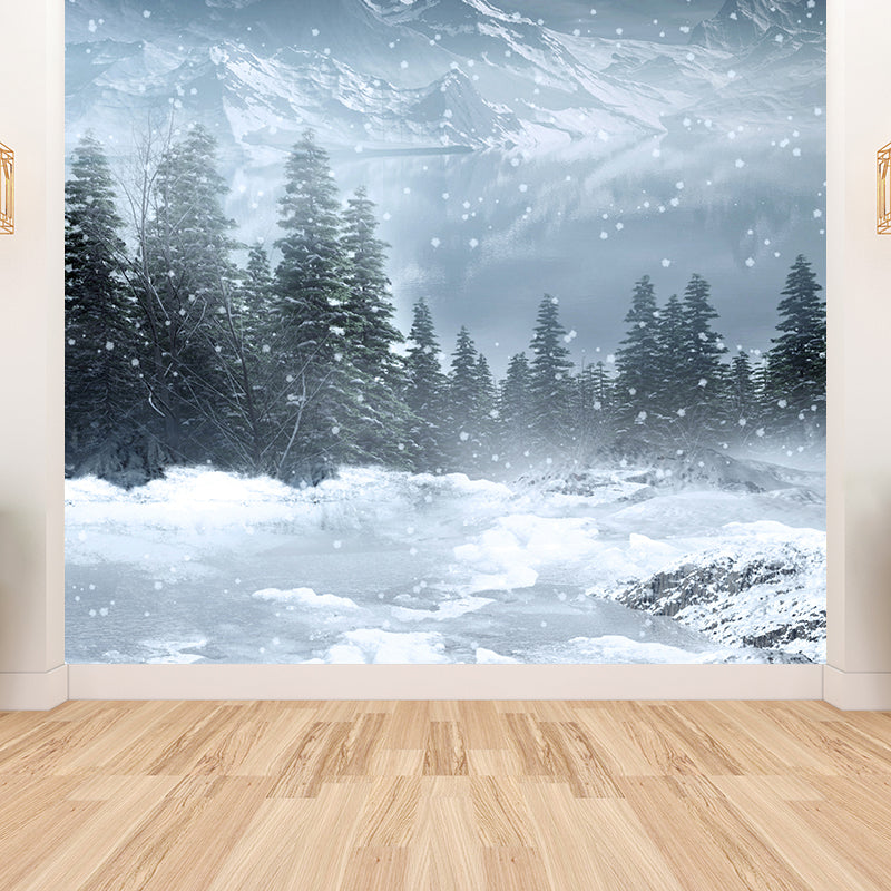 Contemporary Winter Pine Trees Mural White Waterproofing Wall Decor for Boys Room Clearhalo 'Wall Decor' 'Wall Mural' 1595761