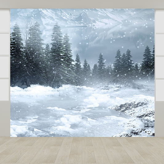 Contemporary Winter Pine Trees Mural White Waterproofing Wall Decor for Boys Room Clearhalo 'Wall Decor' 'Wall Mural' 1595762