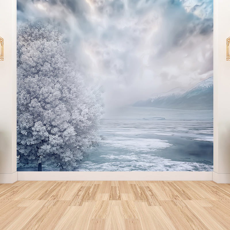 Modern Teenagers Mural Wallpaper Winter Lake and Mountain Grey Blue Wall Covering Clearhalo 'Wall Decor' 'Wall Mural' 1595771