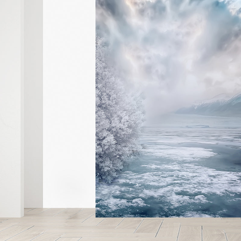 Modern Teenagers Mural Wallpaper Winter Lake and Mountain Grey Blue Wall Covering Clearhalo 'Wall Decor' 'Wall Mural' 1595772