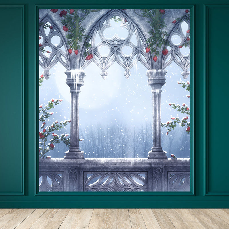 Modern Winter Flower Print Mural Decal Grey Decorative Wall Covering for Dining Room Grey Clearhalo 'Wall Decor' 'Wall Mural' 1595785