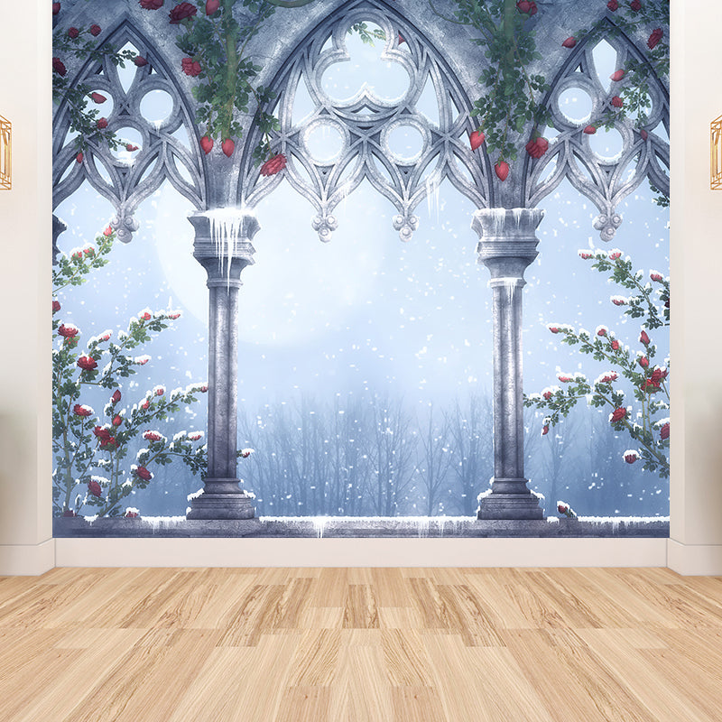 Modern Winter Flower Print Mural Decal Grey Decorative Wall Covering for Dining Room Clearhalo 'Wall Decor' 'Wall Mural' 1595786