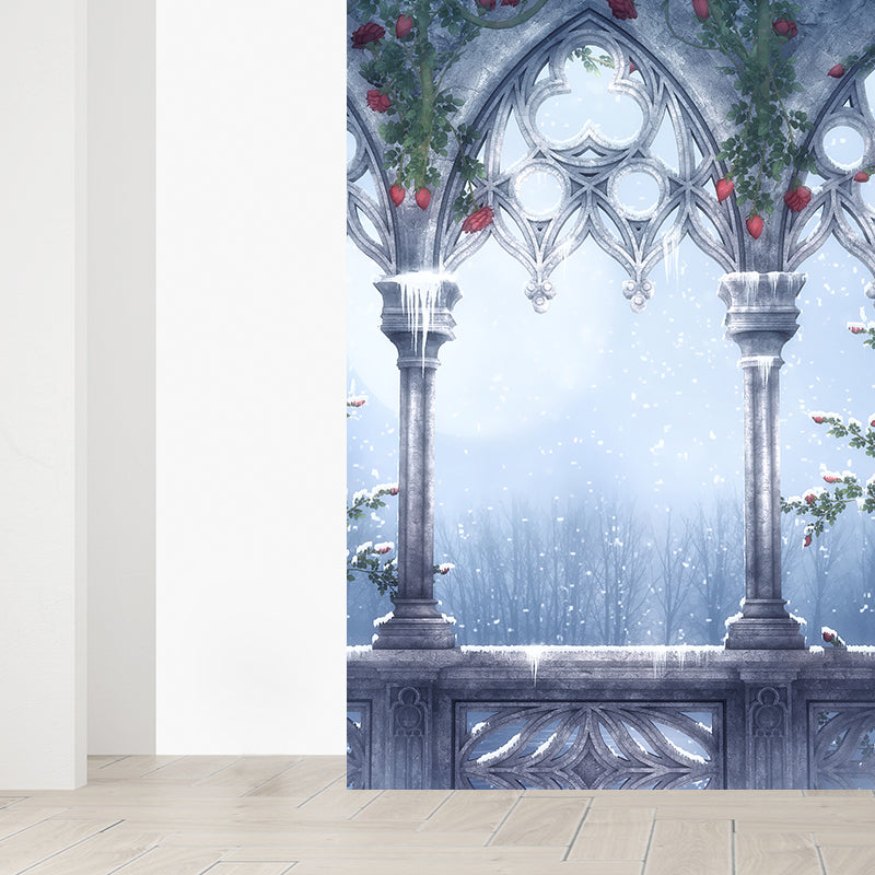 Modern Winter Flower Print Mural Decal Grey Decorative Wall Covering for Dining Room Clearhalo 'Wall Decor' 'Wall Mural' 1595787