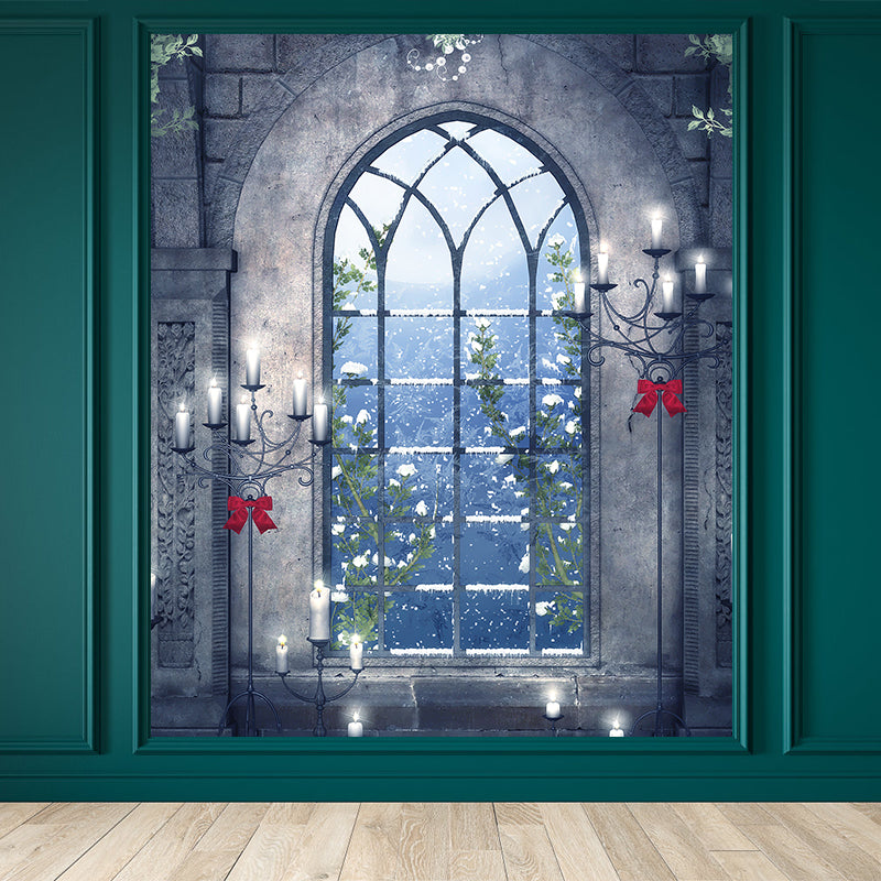 Contemporary Candles and Window Mural Non-Woven Waterproofing Gray Wall Art for Playroom Grey Clearhalo 'Wall Decor' 'Wall Mural' 1595790