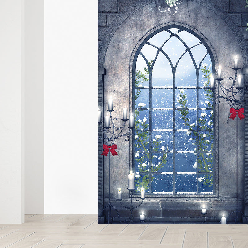 Contemporary Candles and Window Mural Non-Woven Waterproofing Gray Wall Art for Playroom Clearhalo 'Wall Decor' 'Wall Mural' 1595792