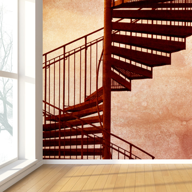 Rust Iron Spiral Stairs Mural Water Resistant Modernism Living Room Wall Covering Clearhalo 'Wall Decor' 'Wall Mural' 1595831