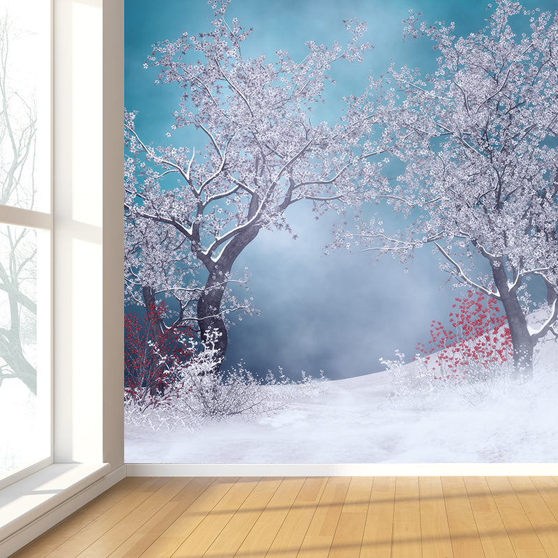 Illustration Winter Flower Scene Mural Great Wall Decor for Dining Room, Personalize White Clearhalo 'Wall Decor' 'Wall Mural' 1595860