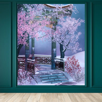 Illustration Style Pavilion Mural Decal for Dining Room, Pink, Custom Size Available Pink Clearhalo 'Wall Decor' 'Wall Mural' 1595865