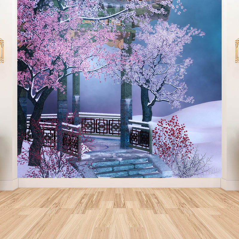 Illustration Style Pavilion Mural Decal for Dining Room, Pink, Custom Size Available Clearhalo 'Wall Decor' 'Wall Mural' 1595866