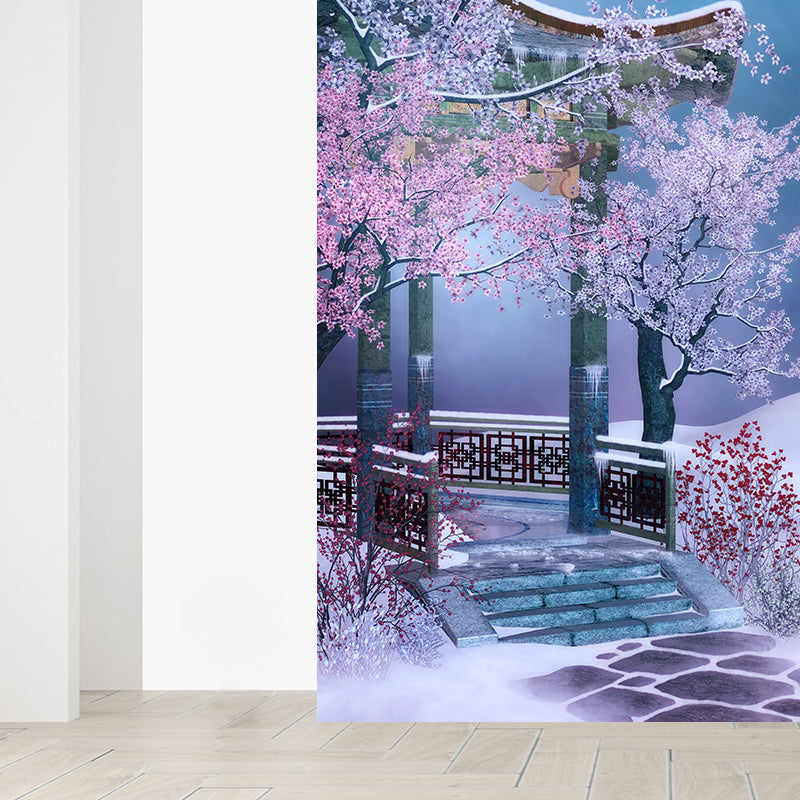 Illustration Style Pavilion Mural Decal for Dining Room, Pink, Custom Size Available Clearhalo 'Wall Decor' 'Wall Mural' 1595867