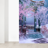 Illustration Style Pavilion Mural Decal for Dining Room, Pink, Custom Size Available