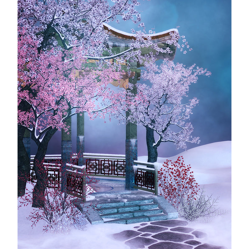 Illustration Style Pavilion Mural Decal for Dining Room, Pink, Custom Size Available Clearhalo 'Wall Decor' 'Wall Mural' 1595868