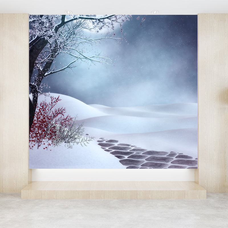 Extra Large Flowers Scene Mural Blue Non-Woven Wall Art for Indoor Decor, Custom Printed Clearhalo 'Wall Decor' 'Wall Mural' 1595876