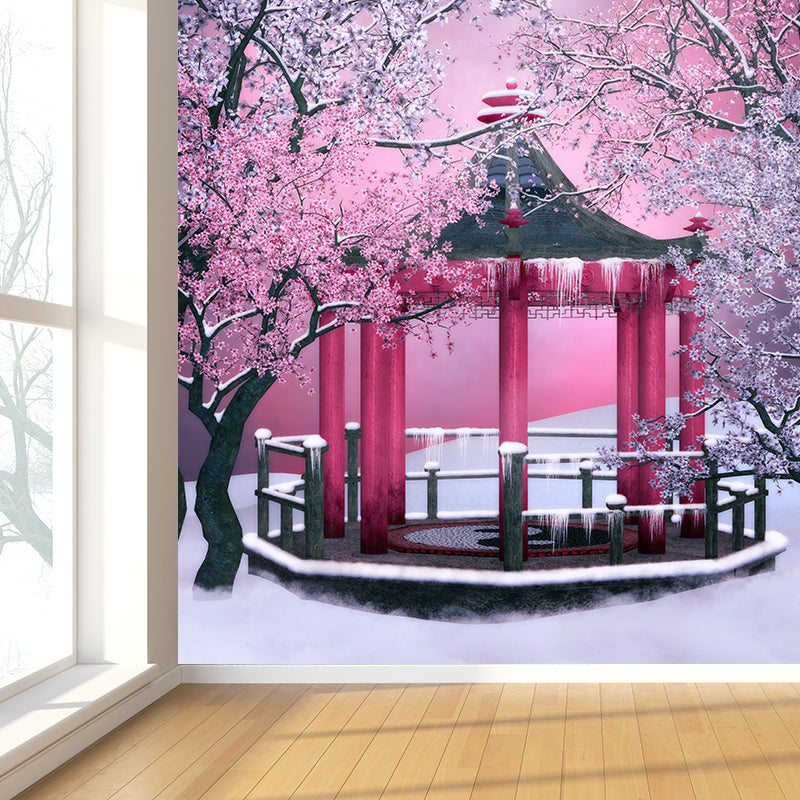 Large Flower and Pavilion Mural Contemporary Chilling Winterscape Wall Decor in Pink Pink Clearhalo 'Wall Decor' 'Wall Mural' 1595880