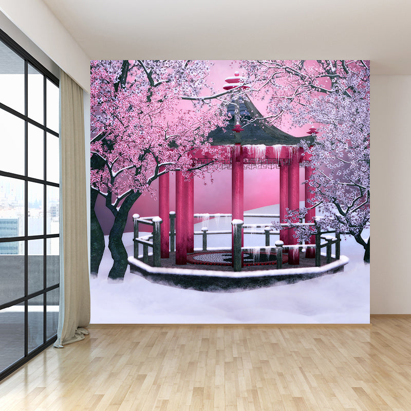 Large Flower and Pavilion Mural Contemporary Chilling Winterscape Wall Decor in Pink Clearhalo 'Wall Decor' 'Wall Mural' 1595881