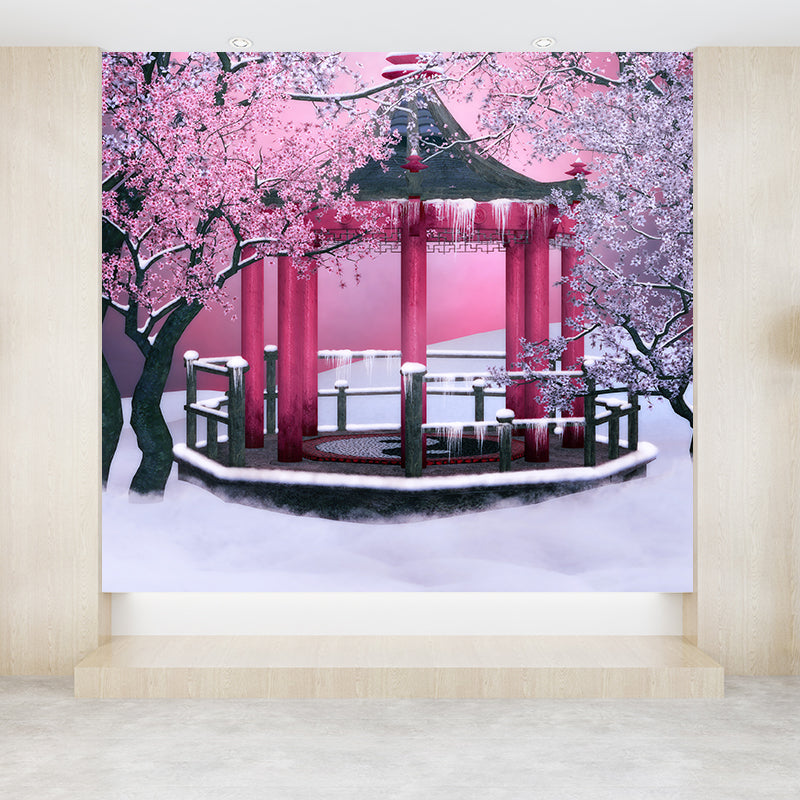 Large Flower and Pavilion Mural Contemporary Chilling Winterscape Wall Decor in Pink Clearhalo 'Wall Decor' 'Wall Mural' 1595882
