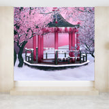 Large Flower and Pavilion Mural Contemporary Chilling Winterscape Wall Decor in Pink Clearhalo 'Wall Decor' 'Wall Mural' 1595882