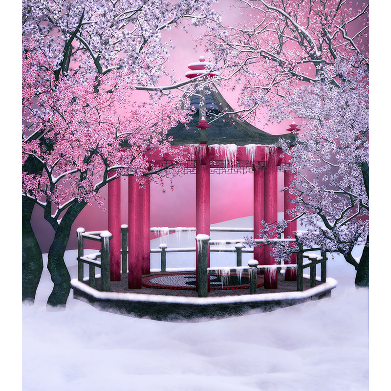 Large Flower and Pavilion Mural Contemporary Chilling Winterscape Wall Decor in Pink Clearhalo 'Wall Decor' 'Wall Mural' 1595883