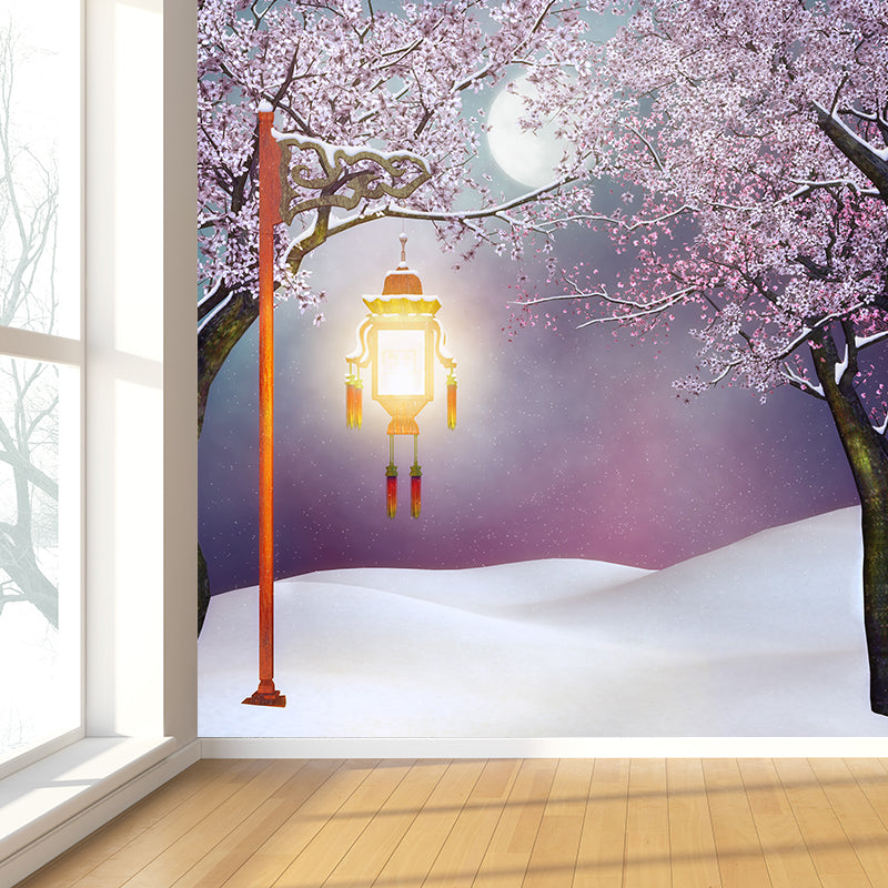 Huge Snowfield and Streetlamp Mural for Bathroom Winterscape Wall Art in Pink, Moisture Resistant Pink Clearhalo 'Wall Decor' 'Wall Mural' 1595885