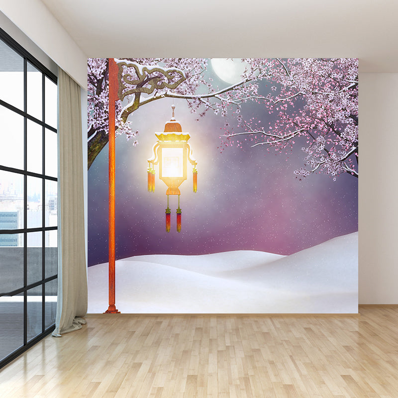 Huge Snowfield and Streetlamp Mural for Bathroom Winterscape Wall Art in Pink, Moisture Resistant Clearhalo 'Wall Decor' 'Wall Mural' 1595886