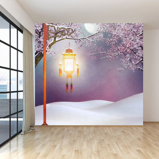 Huge Snowfield and Streetlamp Mural for Bathroom Winterscape Wall Art in Pink, Moisture Resistant Clearhalo 'Wall Decor' 'Wall Mural' 1595886