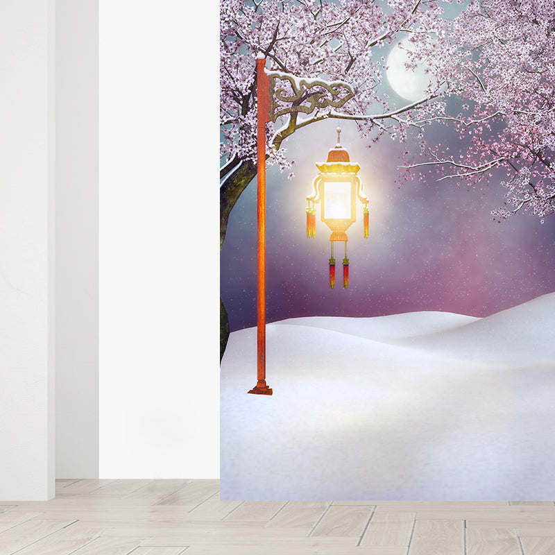 Huge Snowfield and Streetlamp Mural for Bathroom Winterscape Wall Art in Pink, Moisture Resistant Clearhalo 'Wall Decor' 'Wall Mural' 1595887
