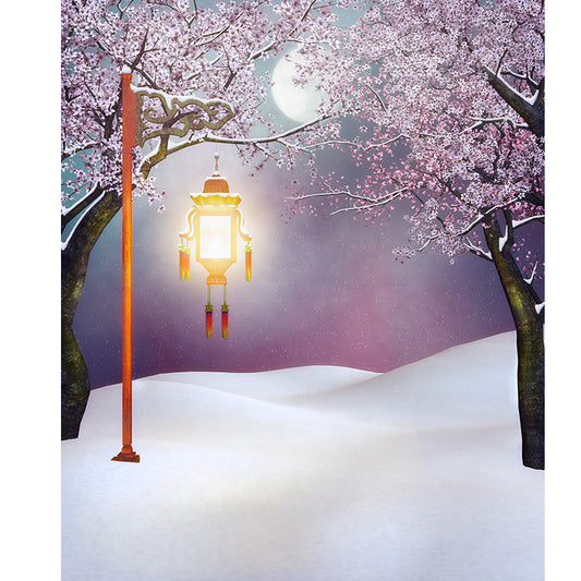 Huge Snowfield and Streetlamp Mural for Bathroom Winterscape Wall Art in Pink, Moisture Resistant Clearhalo 'Wall Decor' 'Wall Mural' 1595888