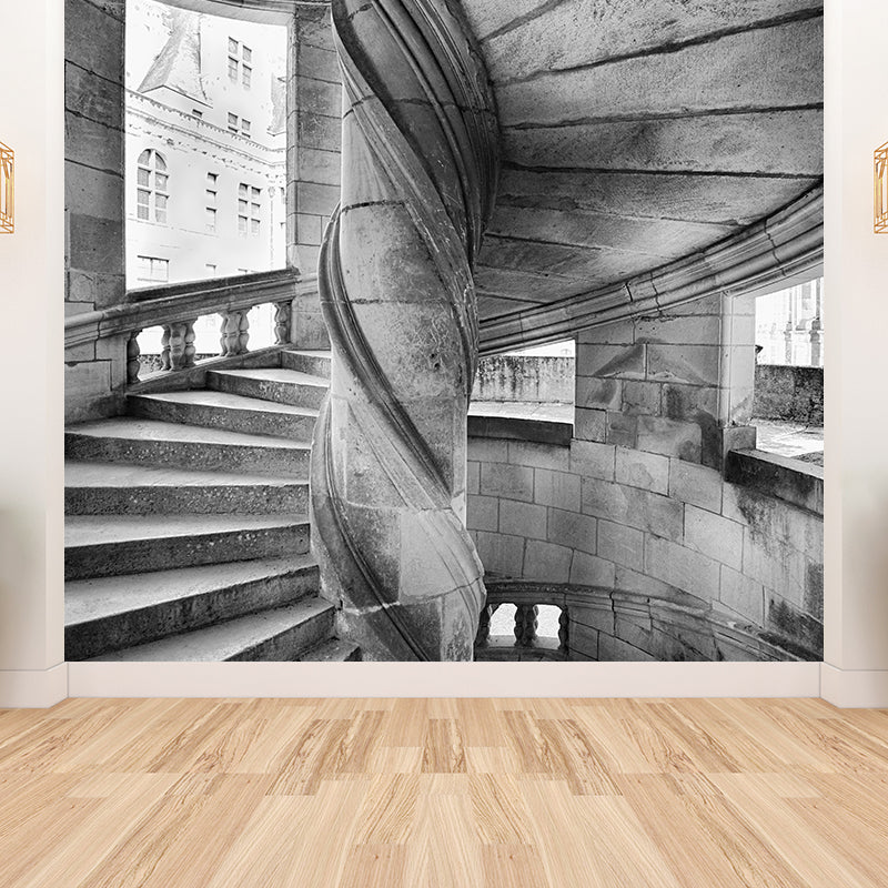 Photography Stone Swirl Stairway Mural for Living Room, Grey, Custom Size Available Grey Clearhalo 'Wall Decor' 'Wall Mural' 1595890