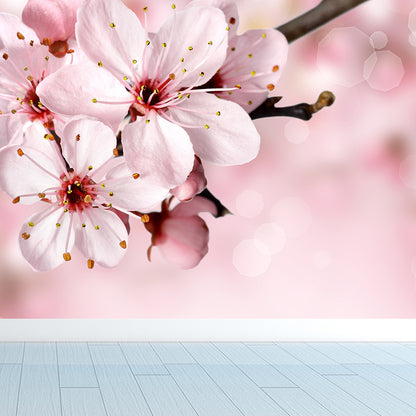 Cherry Blossom Wall Mural Contemporary Washable Living Room Wall Covering, Personalize Pink Clearhalo 'Wall Decor' 'Wall Mural' 1595920