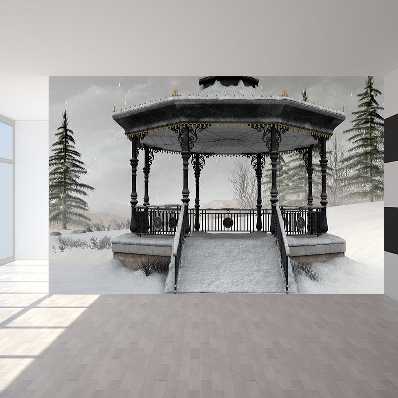 Severe Winter Pavilion Mural Wallpaper Contemporay Non-Woven Material Wall Covering White Clearhalo 'Wall Decor' 'Wall Mural' 1596005