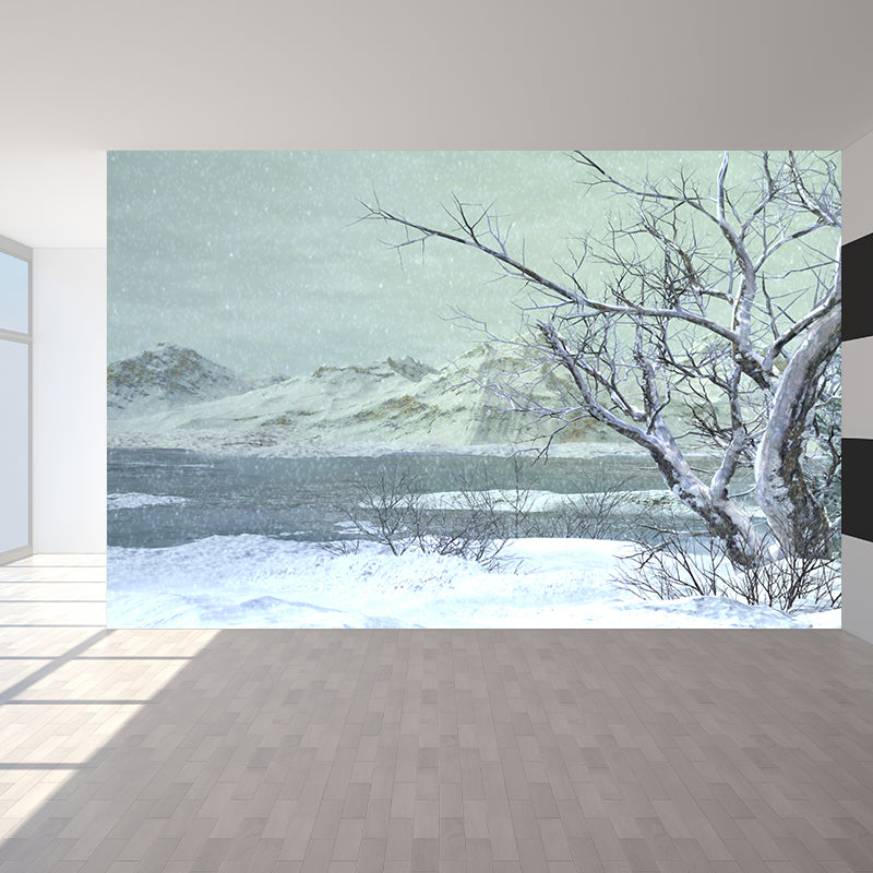 Illustration Style Winter Hills Mural Giant Wall Covering for Dining Room, Custom White Clearhalo 'Wall Decor' 'Wall Mural' 1596010