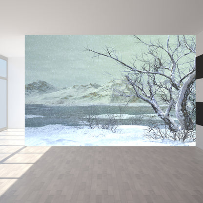 Illustration Style Winter Hills Mural Giant Wall Covering for Dining Room, Custom White Clearhalo 'Wall Decor' 'Wall Mural' 1596010