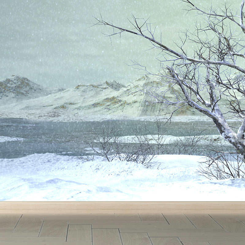 Illustration Style Winter Hills Mural Giant Wall Covering for Dining Room, Custom Clearhalo 'Wall Decor' 'Wall Mural' 1596011