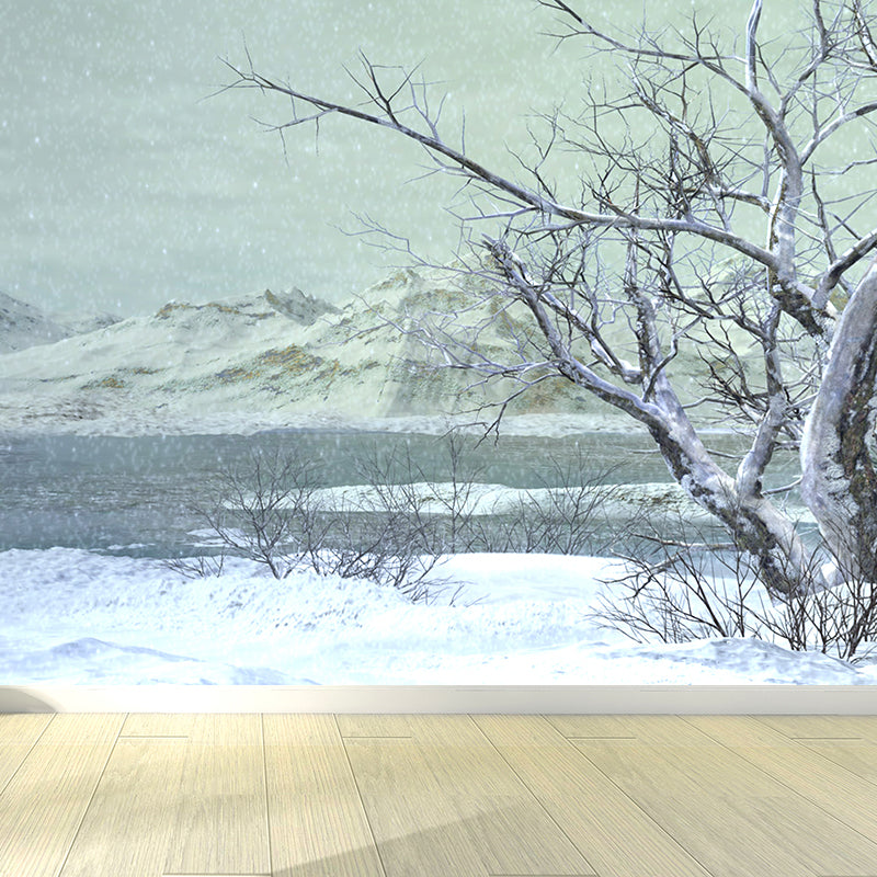 Illustration Style Winter Hills Mural Giant Wall Covering for Dining Room, Custom Clearhalo 'Wall Decor' 'Wall Mural' 1596012