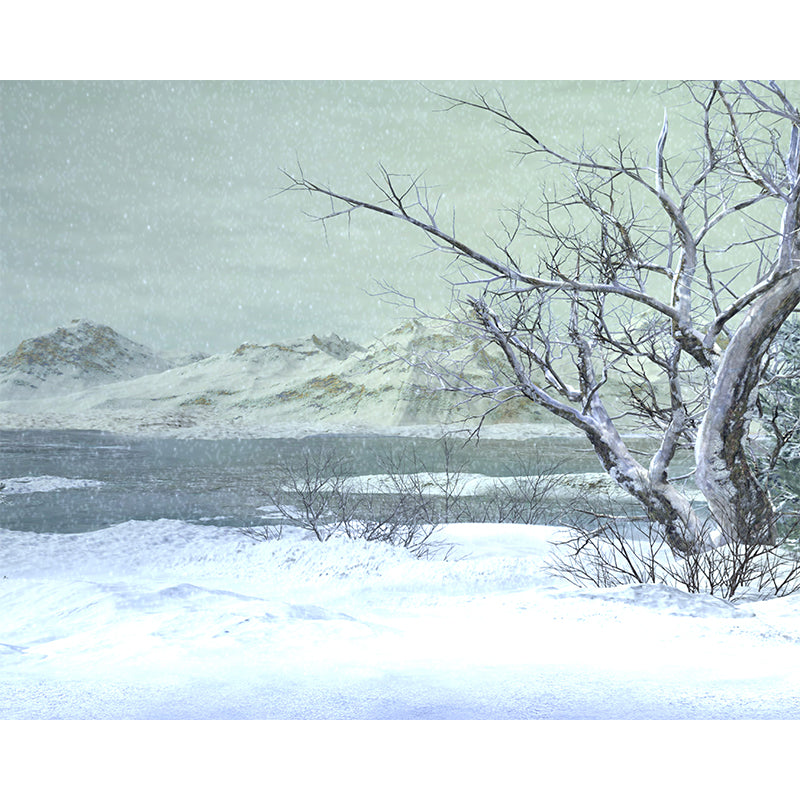 Illustration Style Winter Hills Mural Giant Wall Covering for Dining Room, Custom Clearhalo 'Wall Decor' 'Wall Mural' 1596013