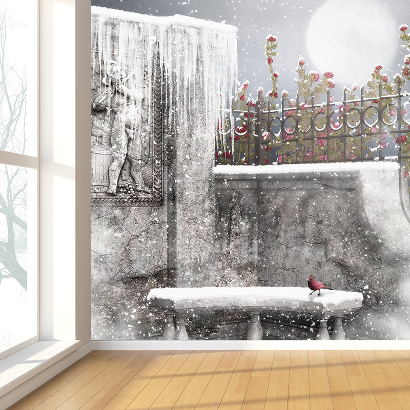 Gray Modern Mural Wallpaper Huge Yard Snow-Covered Landscape Wall Decor for Dining Room Grey Clearhalo 'Wall Decor' 'Wall Mural' 1596040