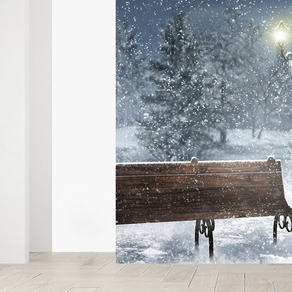 Blue Snowscape and Bench Mural Wallpaper Forest Contemporary Stain proof Wall Art Blue Clearhalo 'Wall Decor' 'Wall Mural' 1596045