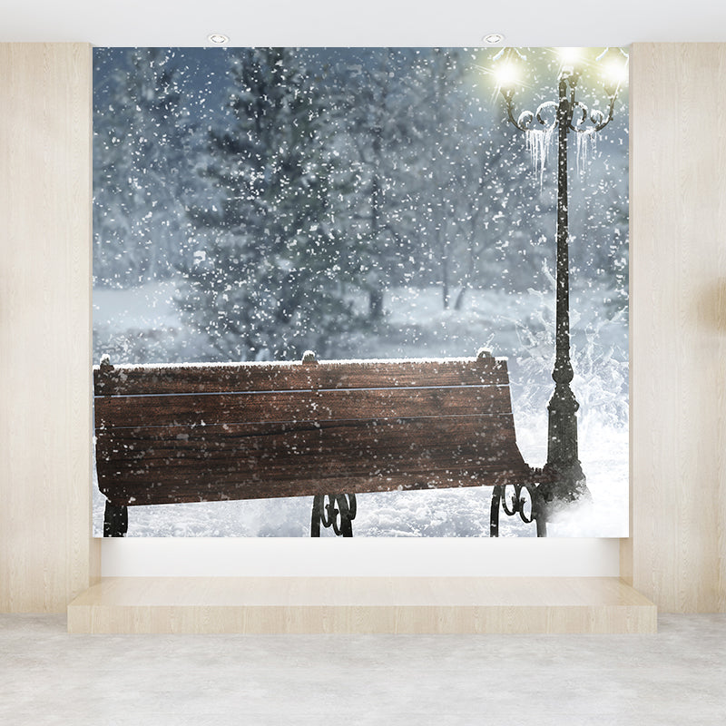 Blue Snowscape and Bench Mural Wallpaper Forest Contemporary Stain proof Wall Art Clearhalo 'Wall Decor' 'Wall Mural' 1596046