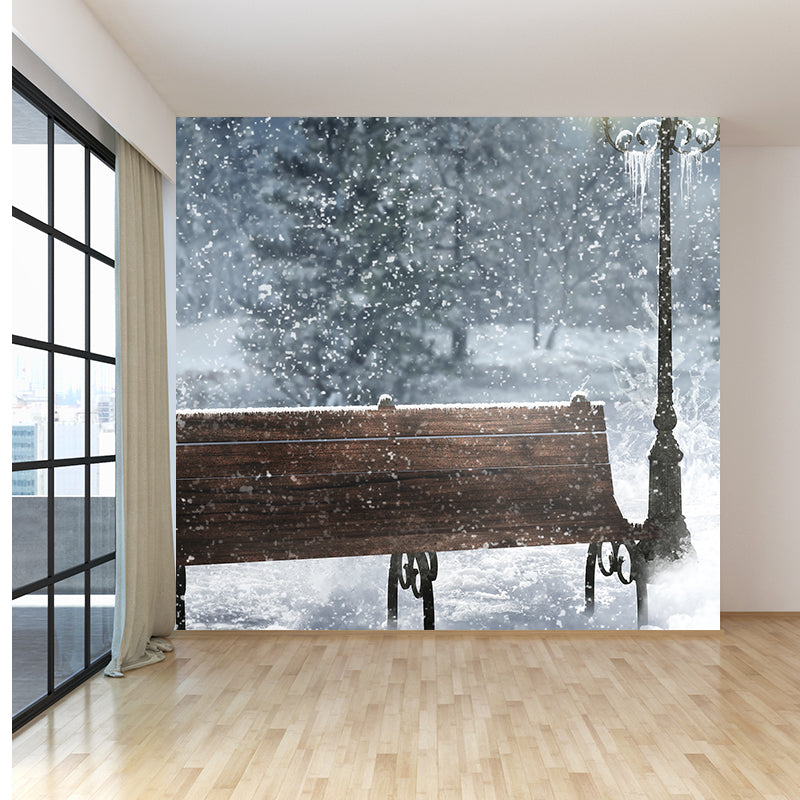 Blue Snowscape and Bench Mural Wallpaper Forest Contemporary Stain proof Wall Art Clearhalo 'Wall Decor' 'Wall Mural' 1596047